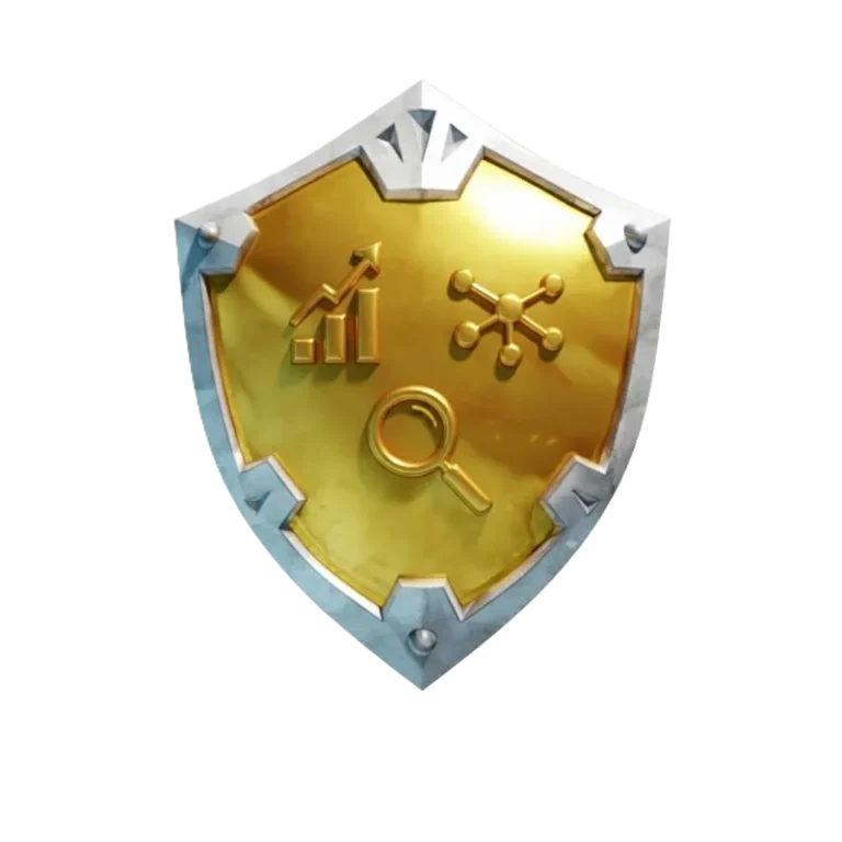 Golden shield with symbols and icons